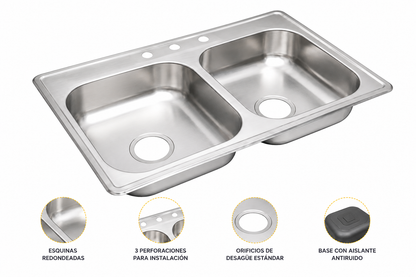 Lavaplatos Doble Poceta De Cocina Sin Escurridor 84cm X 56cm