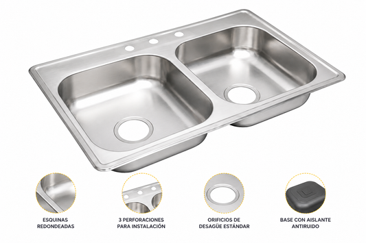 Lavaplatos Doble Poceta De Cocina Sin Escurridor 84cm X 56cm
